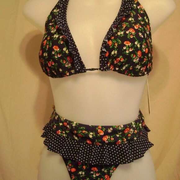 Jessica Simpson Dark Blue Floral Bikini Set Size M/L Two Piece Swimsuit Women’s - Picture 1 of 4